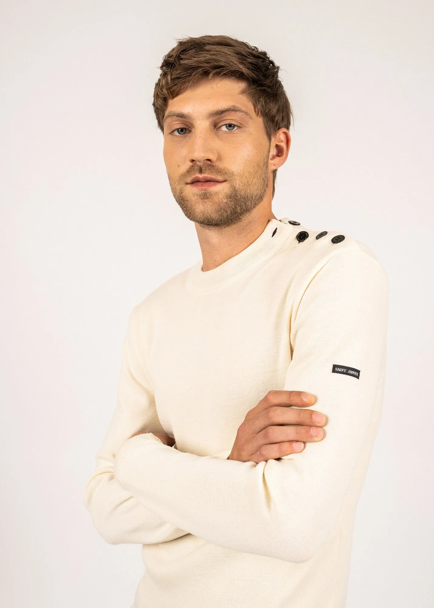 Pull marin en laine Estran - en maille fine, boutonnage paule (ECUME)