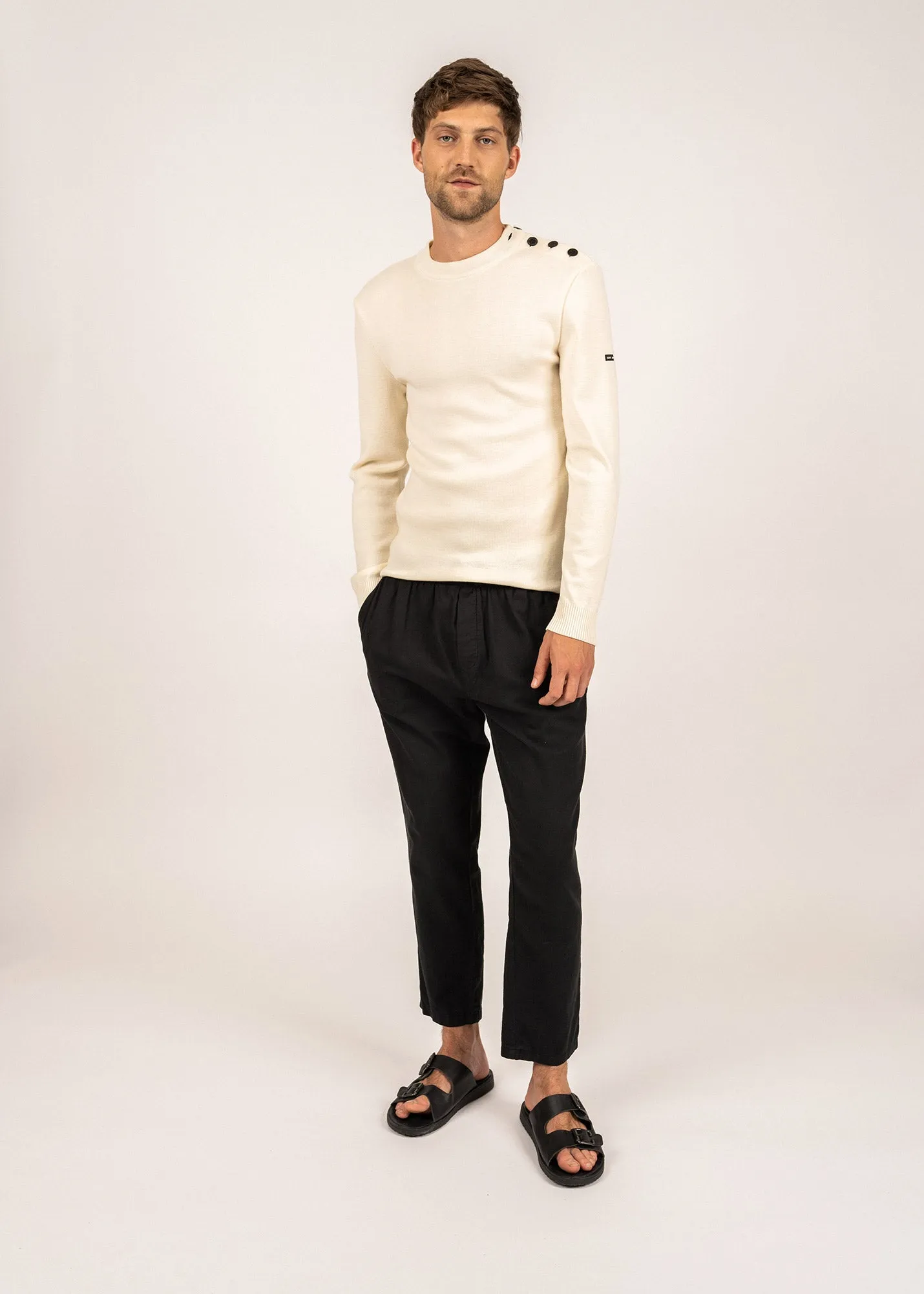 Pull marin en laine Estran - en maille fine, boutonnage paule (ECUME)