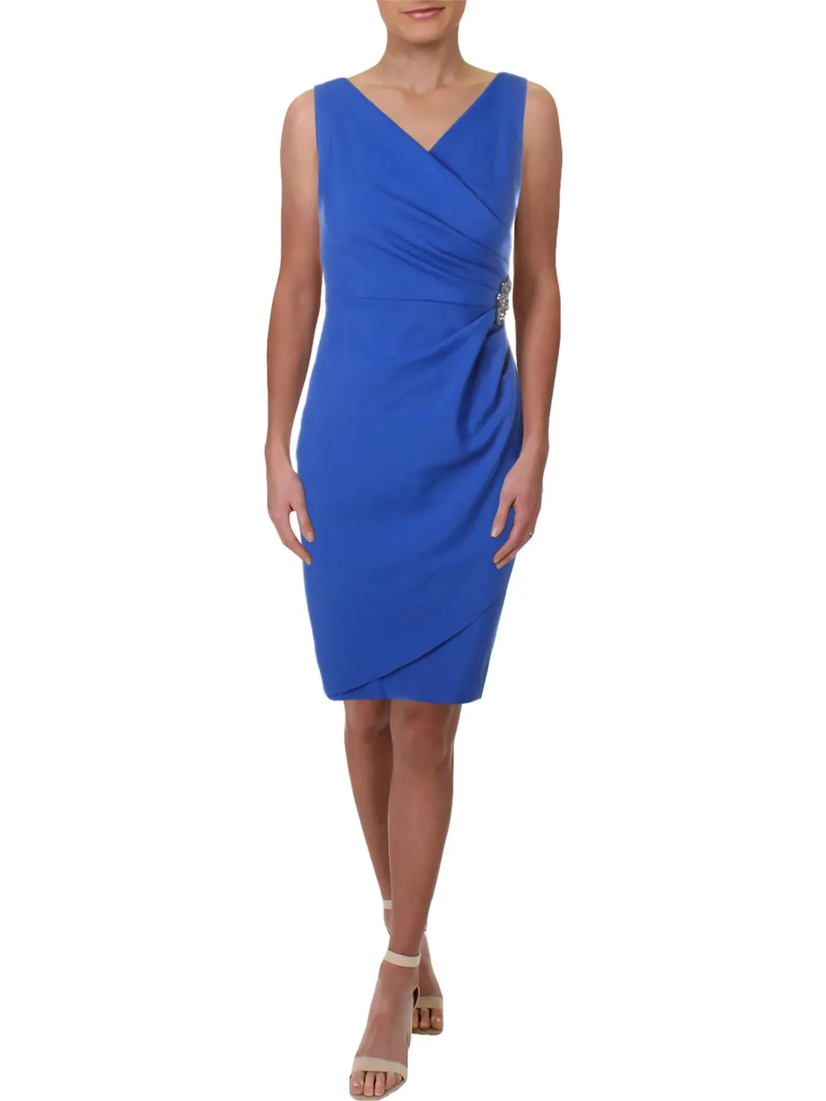 Womens Embellished Faux-Wrap Cocktail And Party Dress