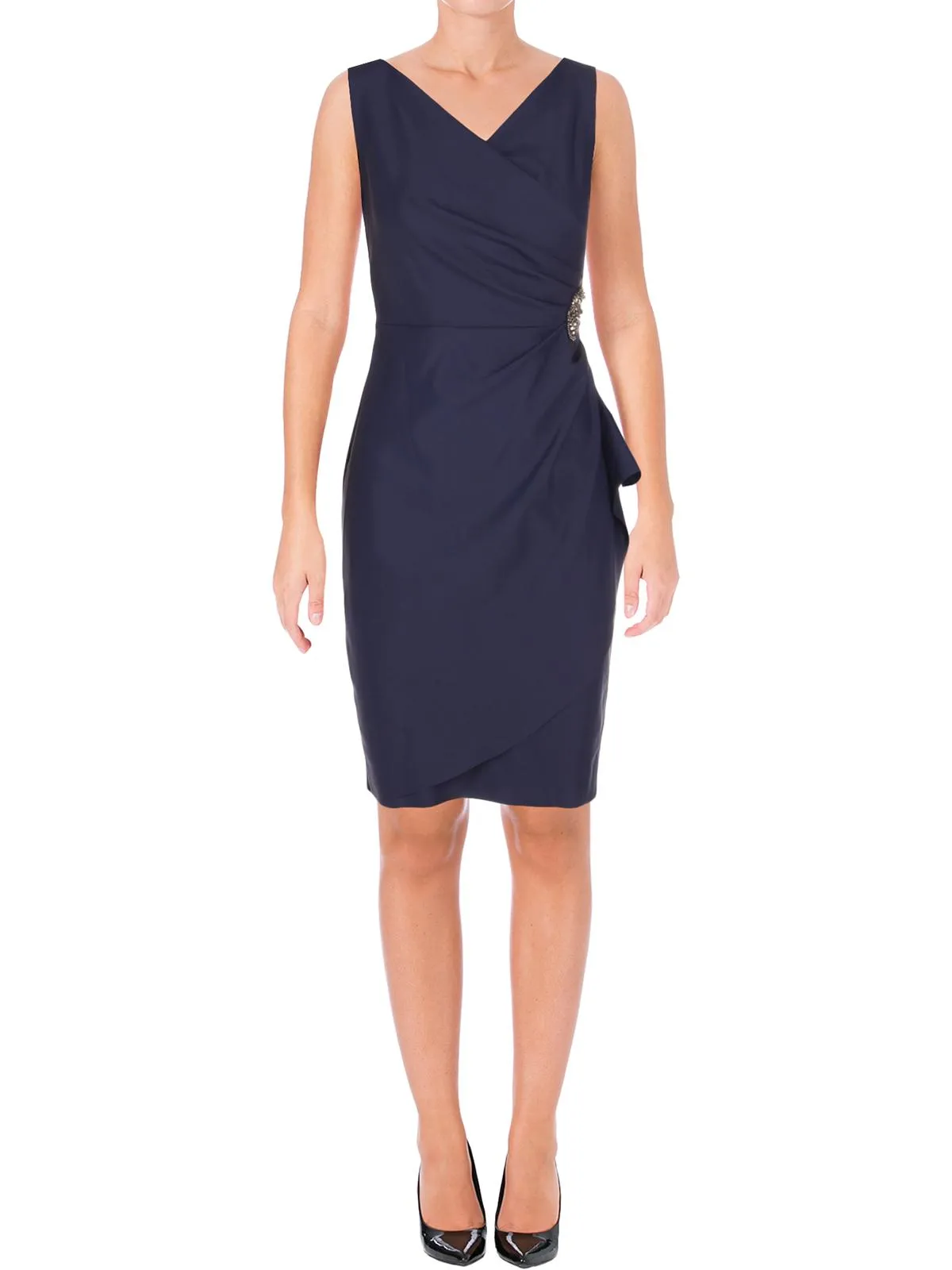 Womens Embellished Faux-Wrap Cocktail And Party Dress