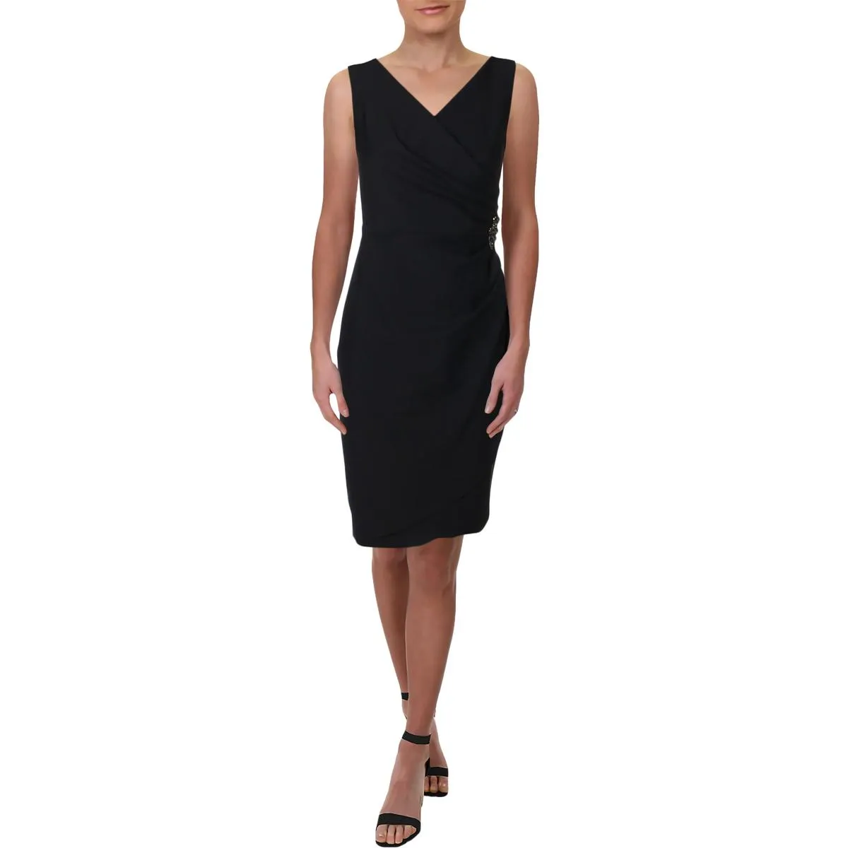 Womens Embellished Faux-Wrap Cocktail And Party Dress